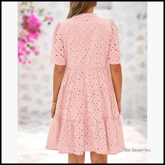 V Neck Short Sleeve Hollow Out Lace Ruffle Casual Mini Dress